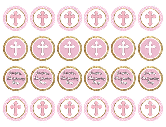 Christening Day Baby Girl Pink Crosses Edible Cupcake Topper Images ABPID56430