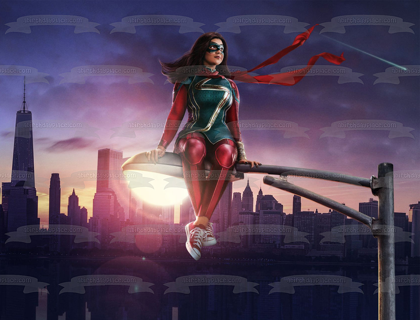 Disney Ms. Marvel Sitting on a Street Light Edible Cake Topper Image ABPID56482