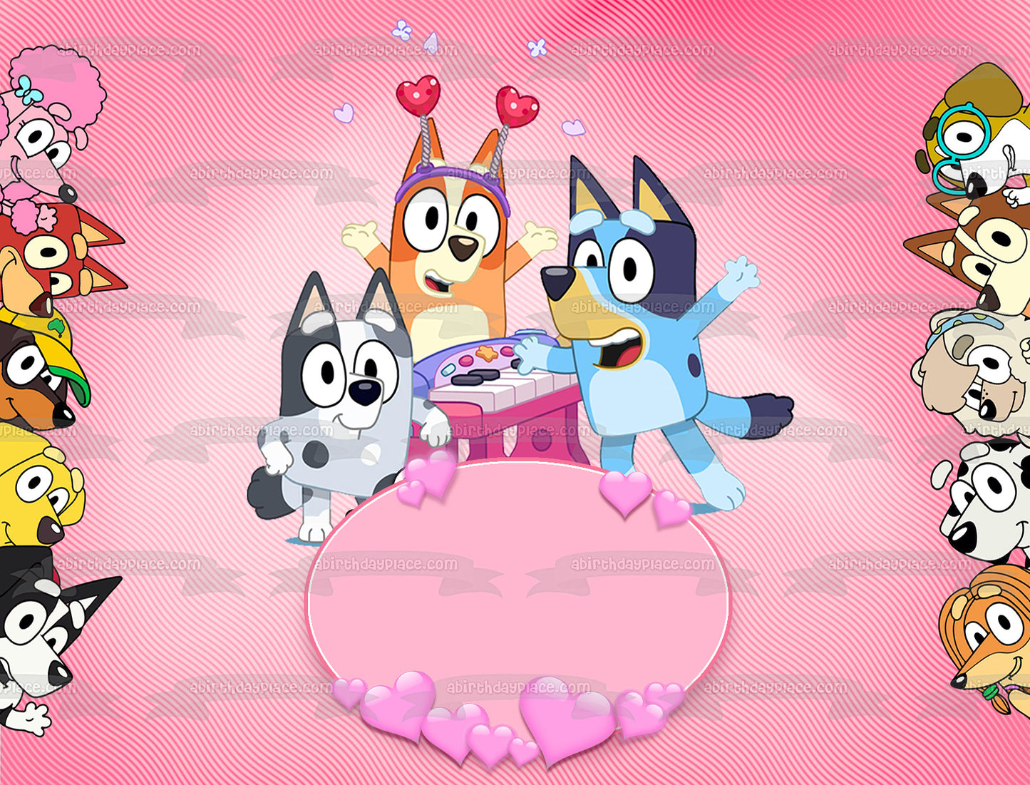 Bluey Valentines Hearts Celebration Bandit Chilli y tía Trixie Healer Imagen comestible para decoración de tarta ABPID56571 