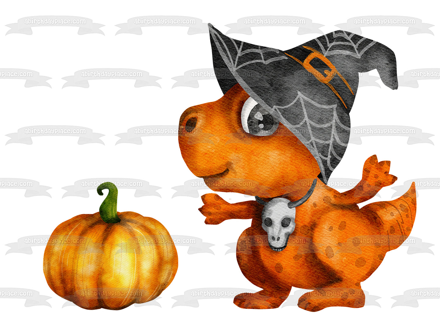 Halloween Dinosaur with a Pumpkin Edible Cake Topper Image ABPID56589