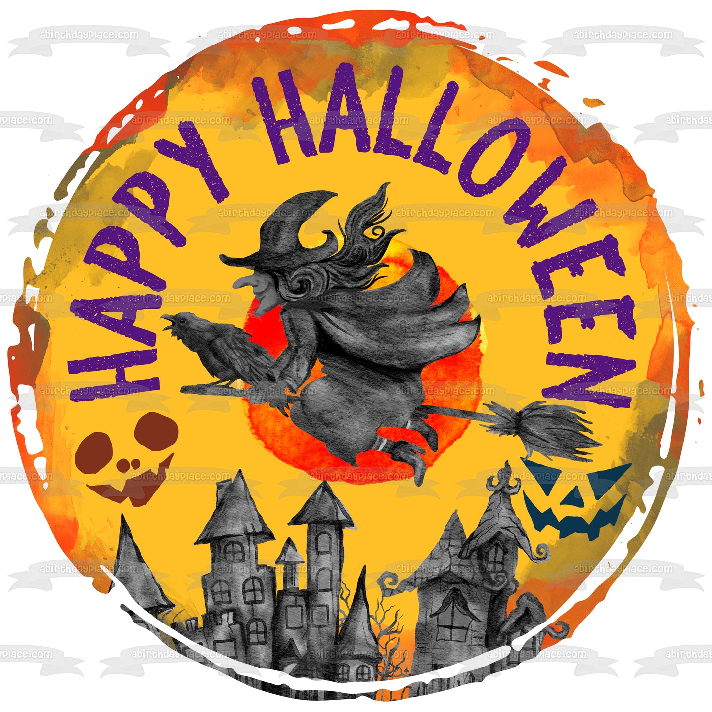 Happy Halloween Witch Flying on a Raven  Over a Town Edible Cake Topper Image ABPID56599