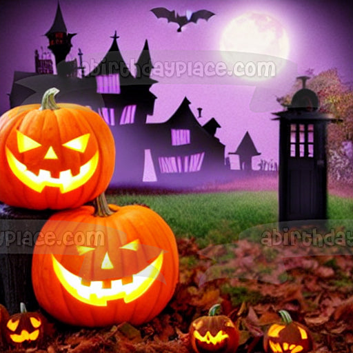 Happy Halloween Pumpkins Bats and a Haunted House Edible Cake Topper Image ABPID56712