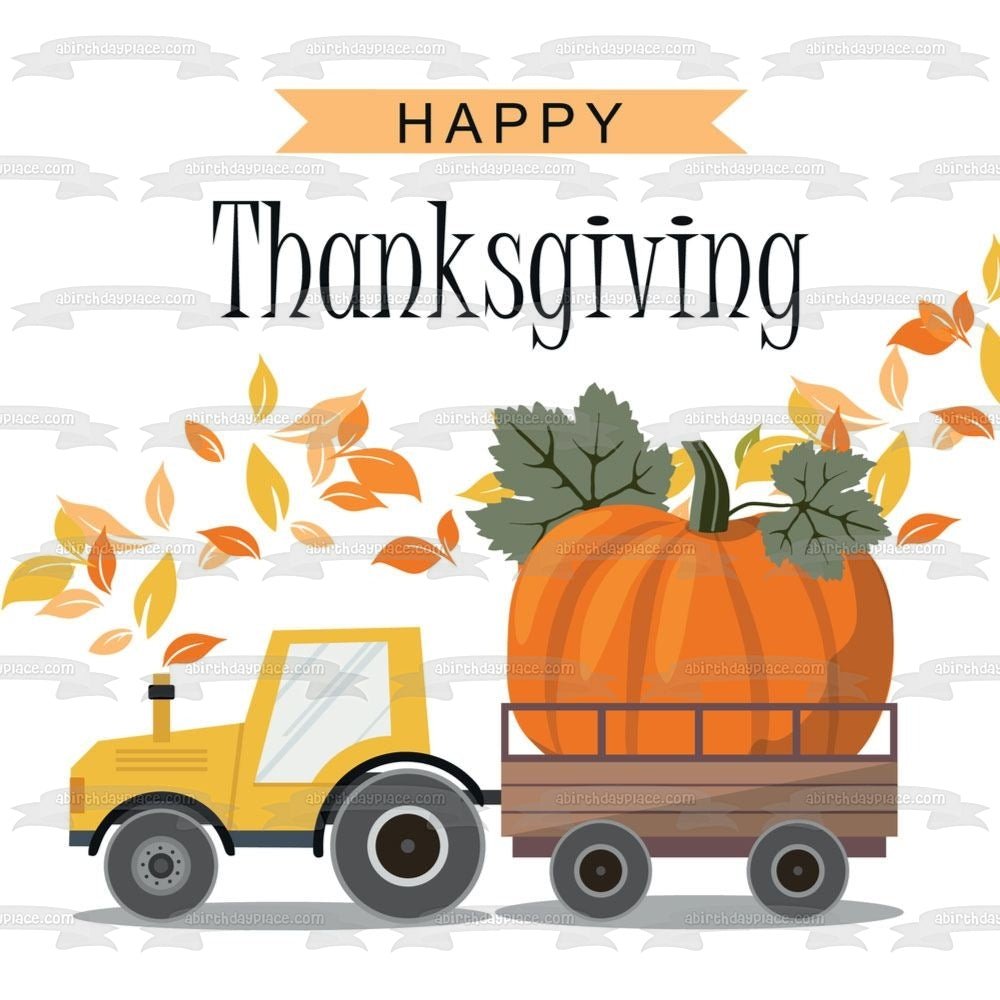 Happy Thanksgiving Truck Pulling a Large Pumpkin Edible Cake Topper Image ABPID56748