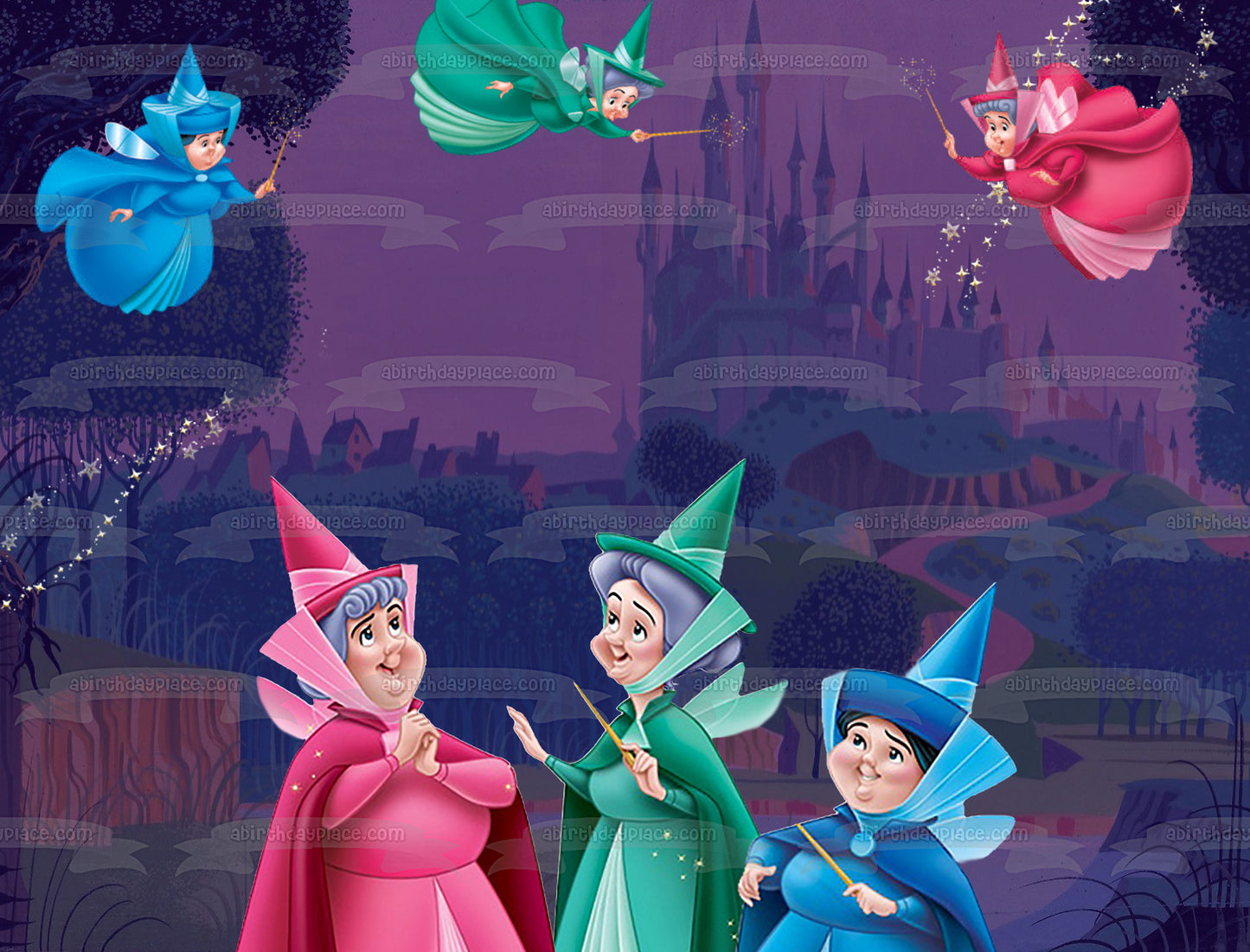 Disney the Good Fairies Flora Fauna Merryweather Sleeping Beauty Castle Quarter Edible Cake Topper Image ABPID56770