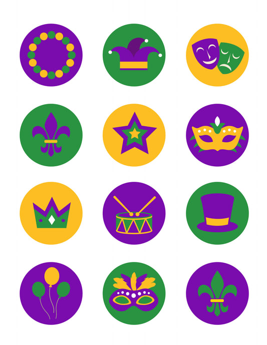 Happy Mardi Gras Colorful Face Masks Beads Stars and Hats Edible Cupcake Topper Images ABPID57017