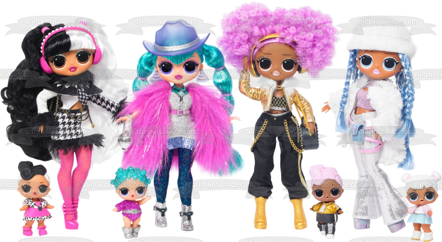 LOL Surprise! Omg Winter Disco Dolls Cosmic Nova Dollie 24k D.J.  and Crystal Star and Thier Sister Dolls Edible Cake Topper Image ABPID57094