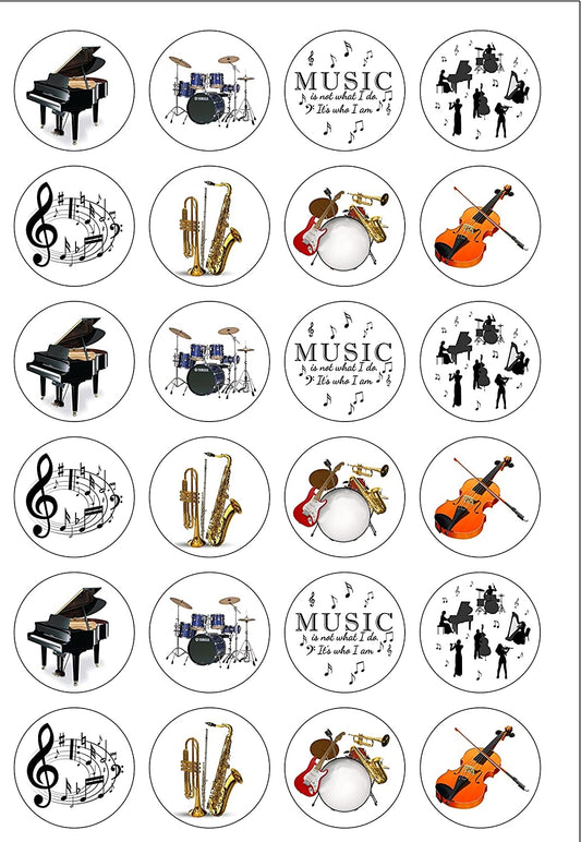 Music Themed Piano Drums Music Notes Violin and a Trumpet Edible Cupcake Topper Images ABPID57194