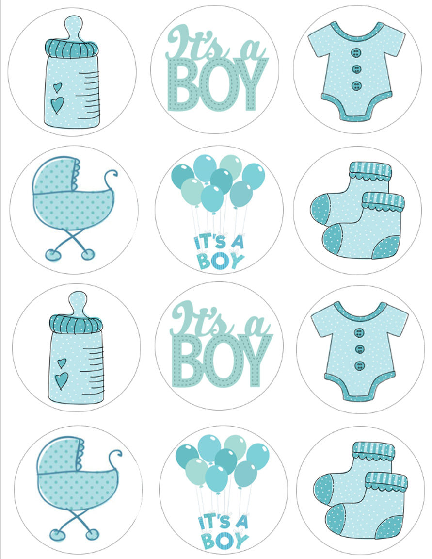 Baby Shower It's a Boy Baby Bottle Onsie Stroller Socks and Balloons Edible Cupcake Topper Images ABPID57199