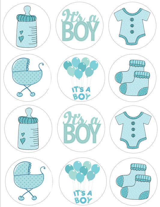 Baby Shower It's a Boy Baby Bottle Onsie Stroller Socks and Balloons Edible Cupcake Topper Images ABPID57199