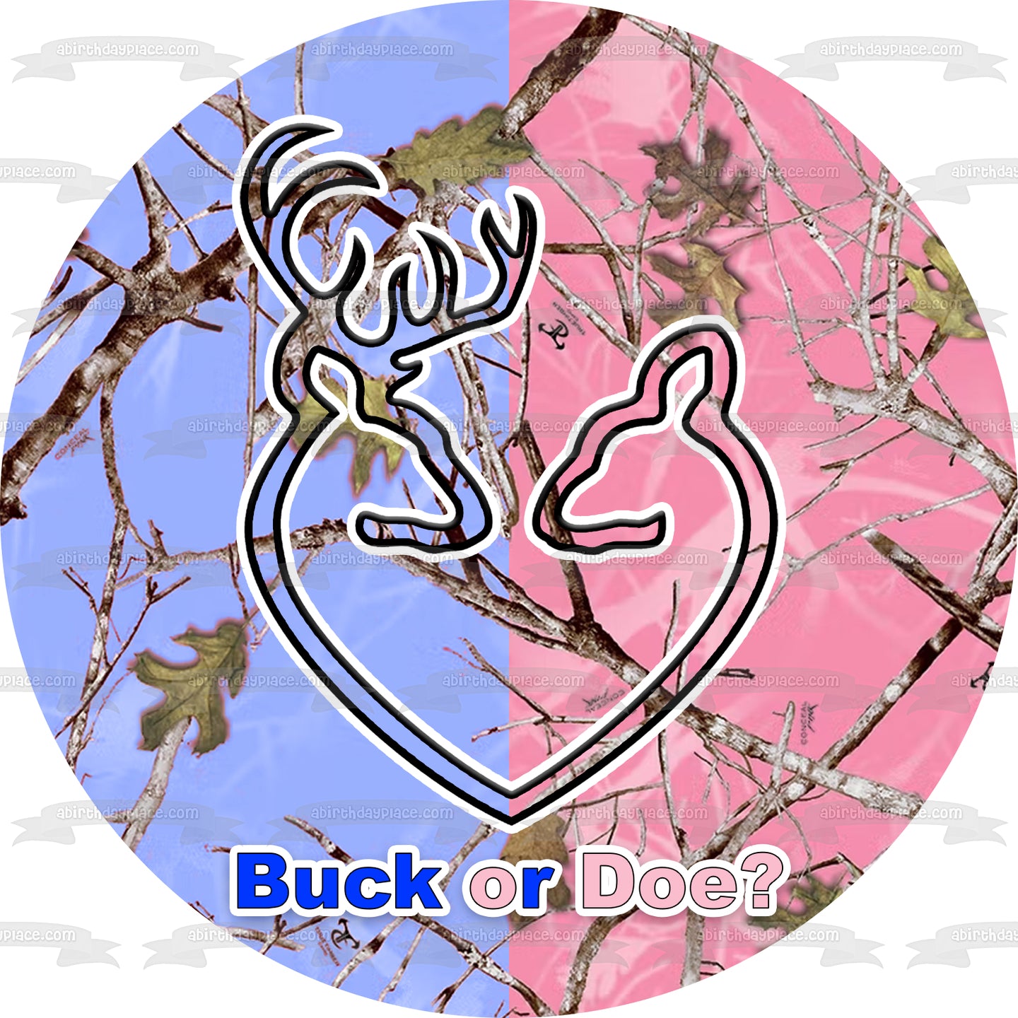 Buck or Doe Gender Reveal Blue and Pink Camo Edible Cake Topper Image ABPID57433