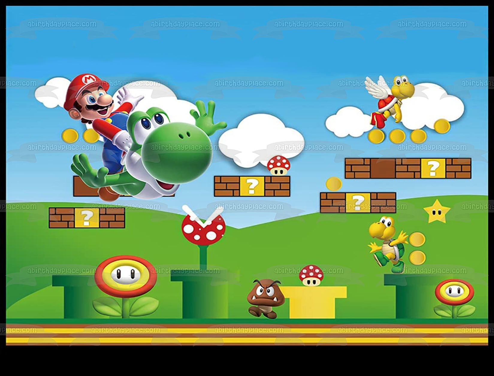 Super Mario Game Screen Yoshi Goomba Koopa Troopa and Piranha Plant Edible Cake Topper Image ABPID57498