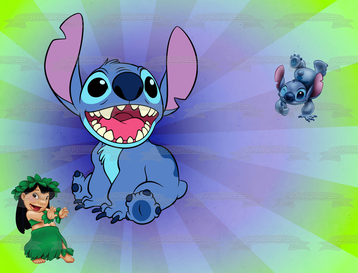 Lilo y Stitch con un fondo azul y verde desvanecido Imagen comestible para decoración de tarta ABPID57654 