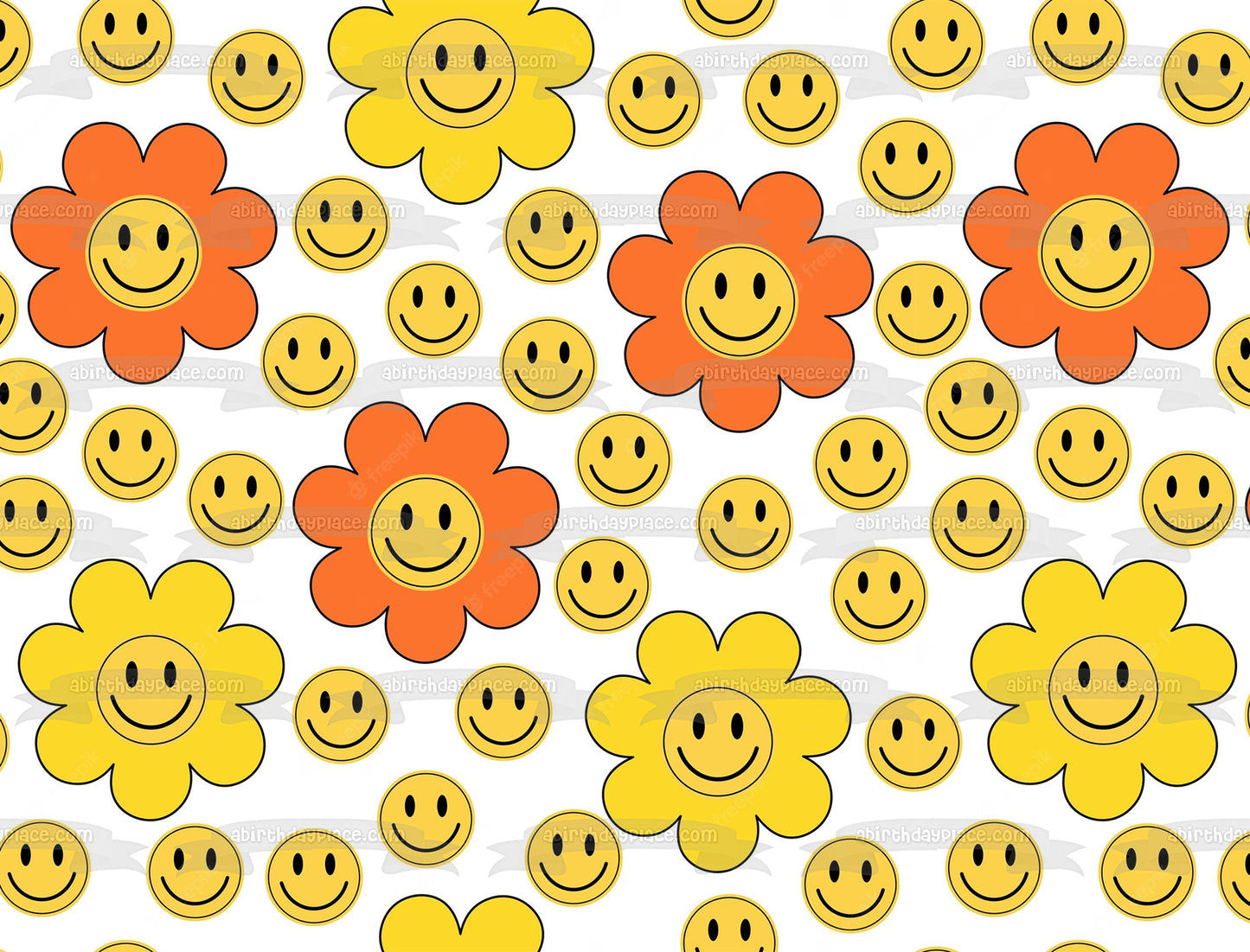 Yellow and Orange Retro Smiley Face Flowers Edible Cake Topper Image ABPID57656