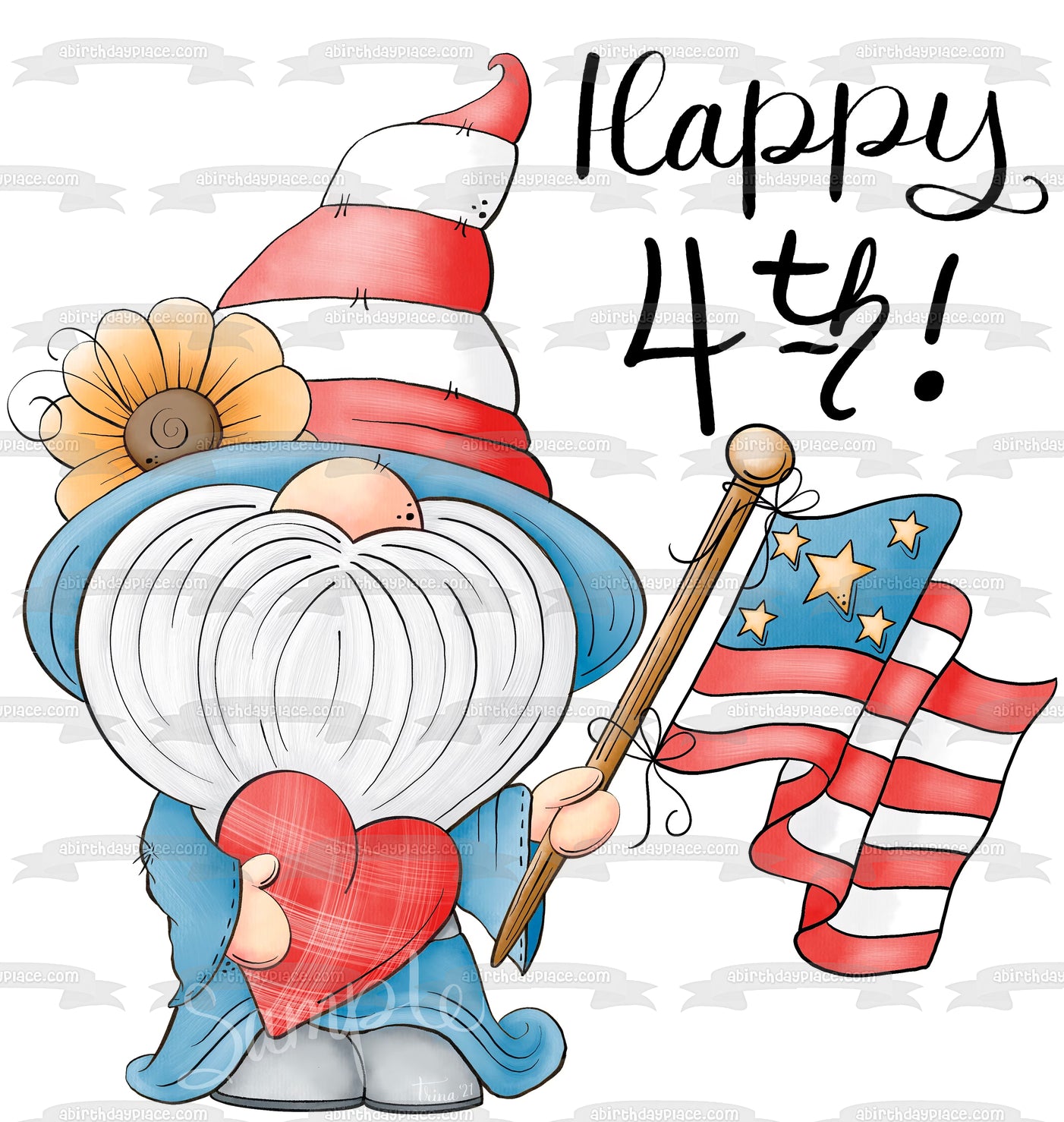 Happy 4th of July Gnome and the American Flag Edible Cake Topper Image ABPID57709