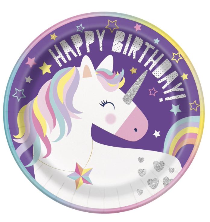 Platos de feliz cumpleaños de unicornio, redondos de 9", 8 unidades