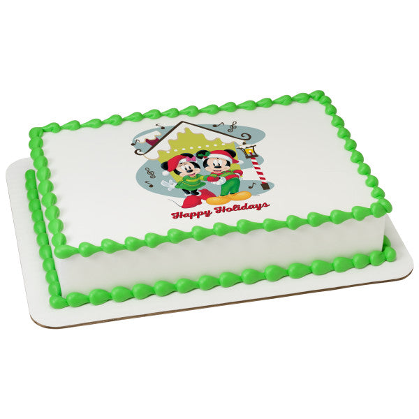 Mickey Mouse and Minnie Mouse Happy Holidays Edible Cake Topper Image