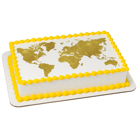 Gold World Map Edible Cake Topper Image