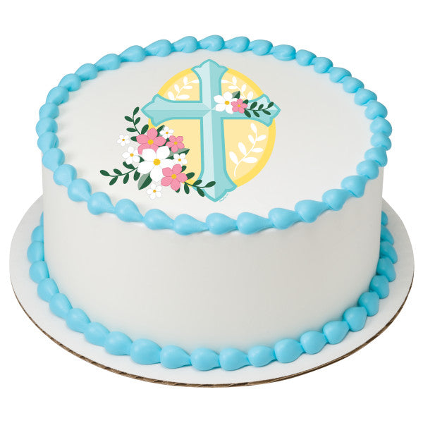 Cross with Flowers Edible Cake Topper Image