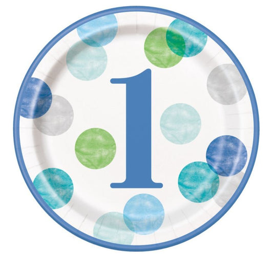 Blue Dots 1st Birthday Round 9" Luncheon Plates, 8ct