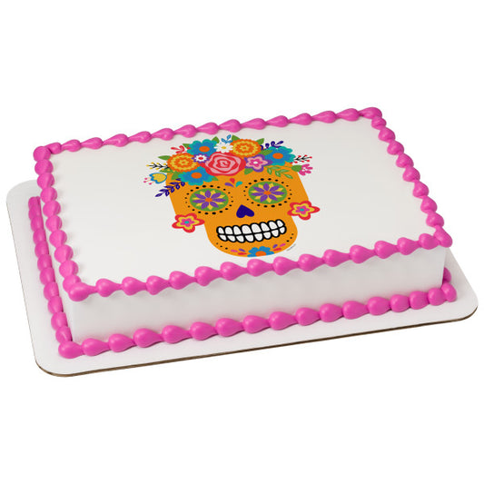 Imagen de adorno comestible para tarta con calavera de azúcar floral