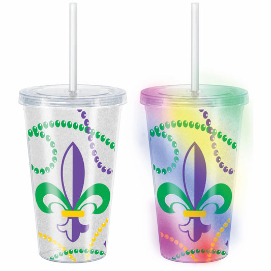 Vaso de plástico multicolor iluminado Mardi Gras, 16 oz.